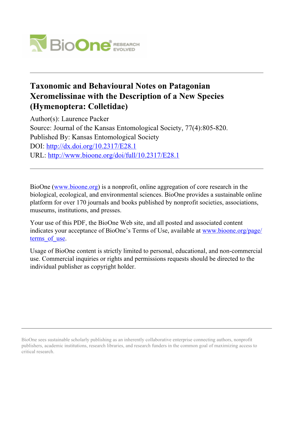 Taxonomic and Behavioural Notes on Patagonian Xeromelissinae With