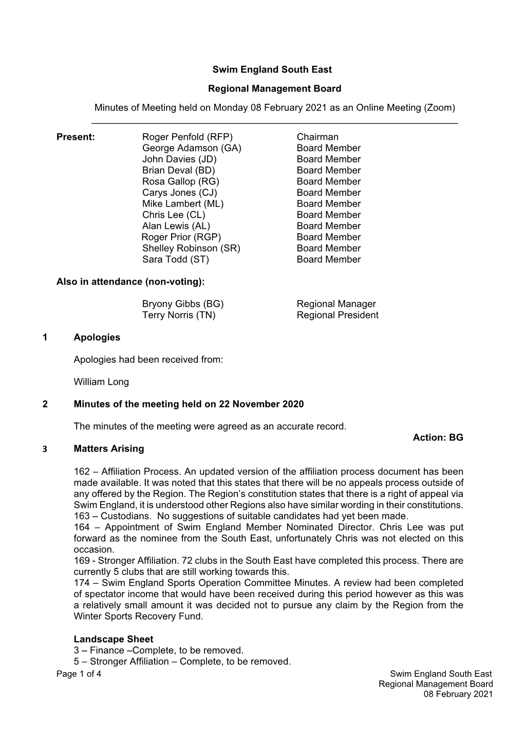 Swim England South East Regional Management Board Minutes Of