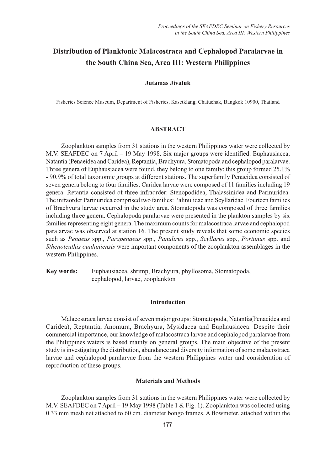 Distribution of Planktonic Malacostraca and Cephalopod Paralarvae in the South China Sea, Area III: Western Philippines