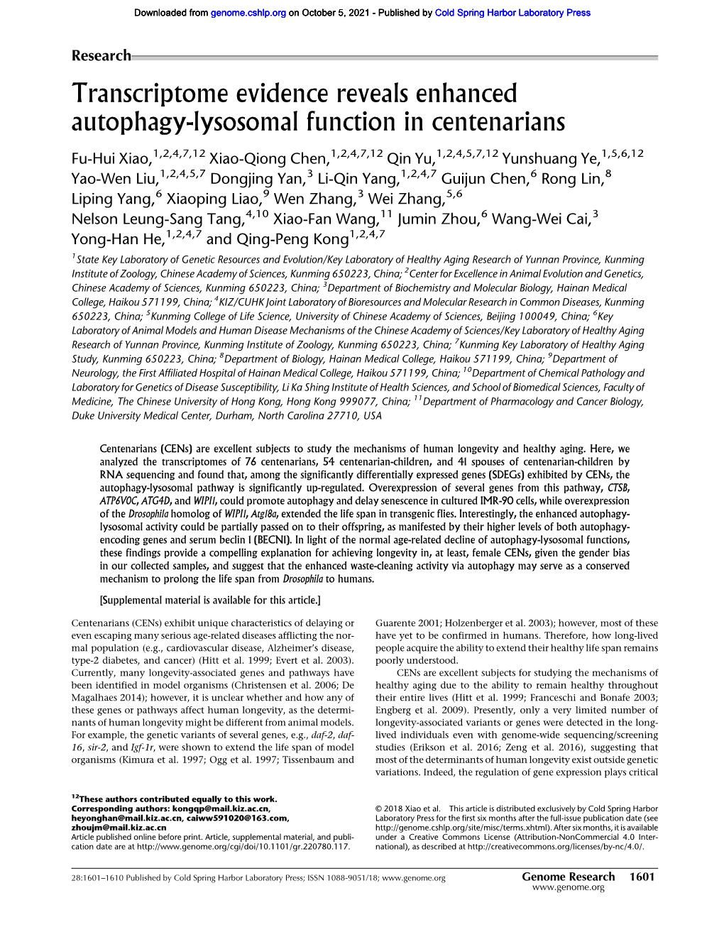 Transcriptome Evidence Reveals Enhanced Autophagy-Lysosomal Function in Centenarians
