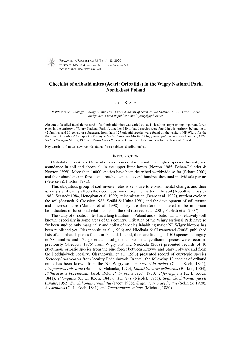 Checklist of Oribatid Mites (Acari: Oribatida) in the Wigry National Park, North-East Poland