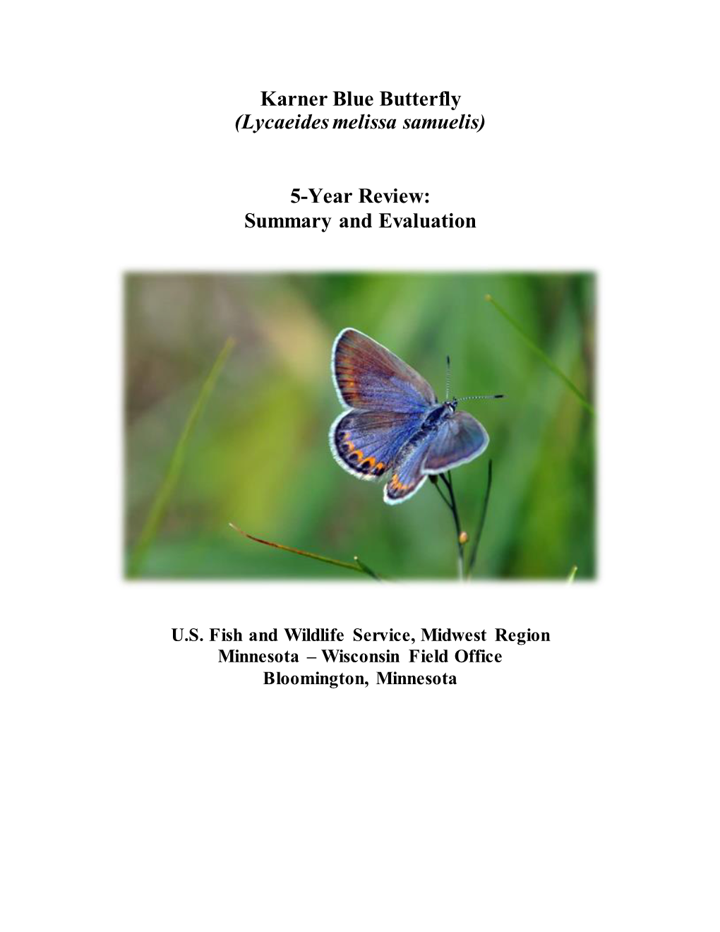 Karner Blue Butterfly (Lycaeides Melissa Samuelis) 5-Year Review: Summary and Evaluation