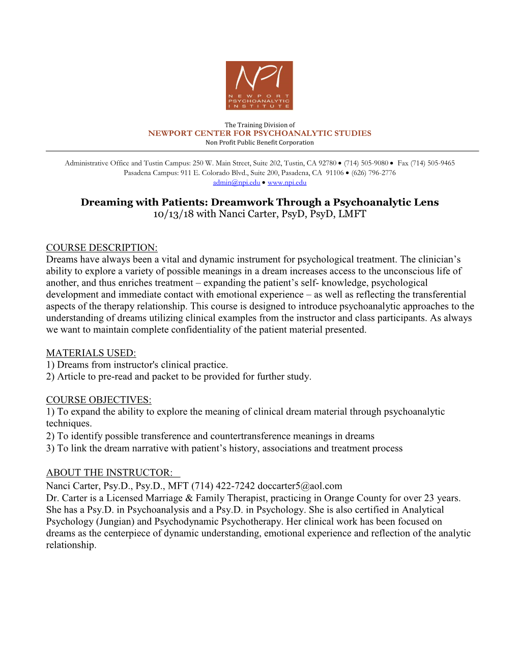 Dreaming with Patients: Dreamwork Through a Psychoanalytic Lens 10/13/18 with Nanci Carter, Psyd, Psyd, LMFT