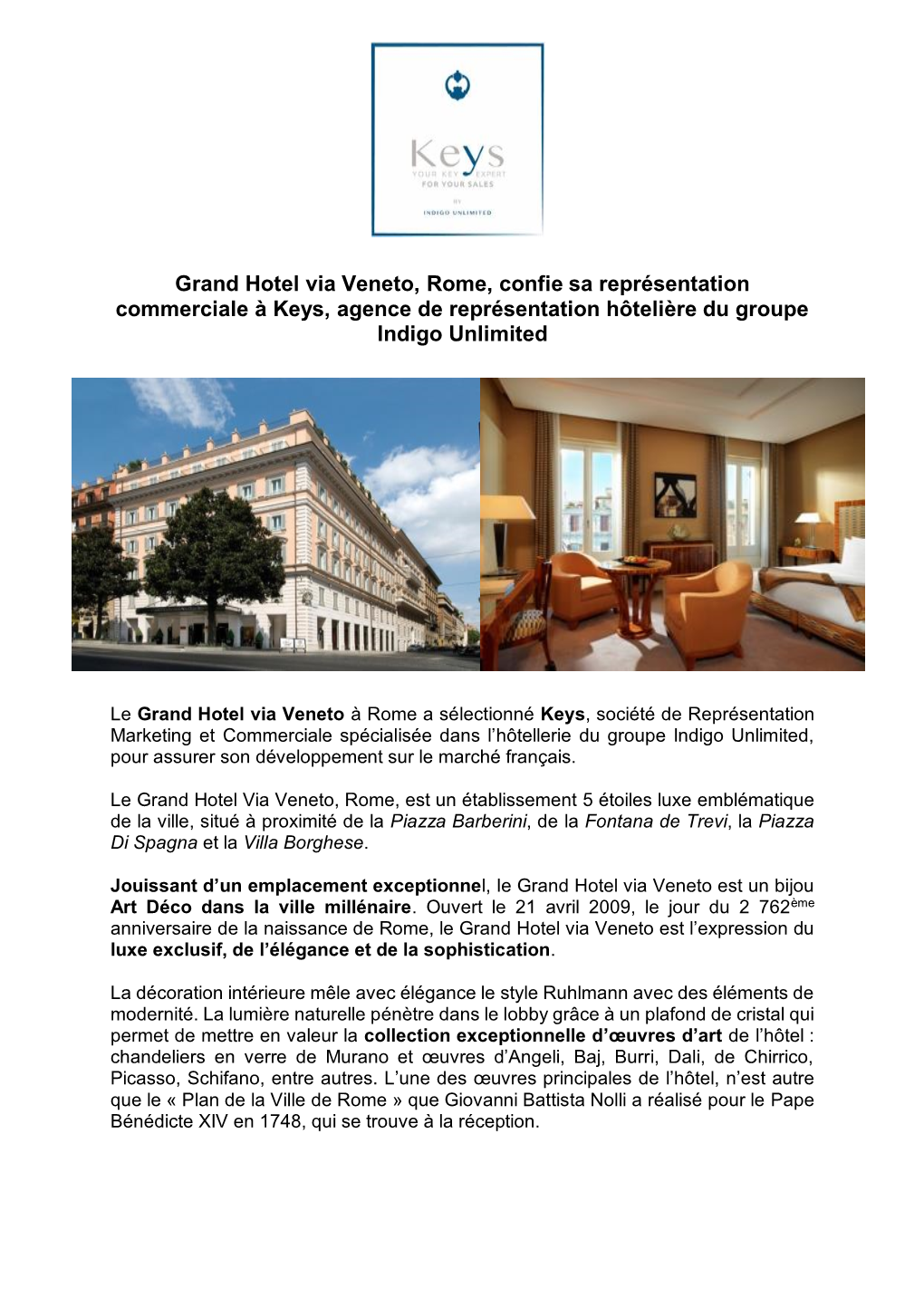 Grand Hotel Via Veneto, Rome, Confie Sa Représentation Commerciale À Keys, Agence De Représentation Hôtelière Du Groupe Indigo Unlimited