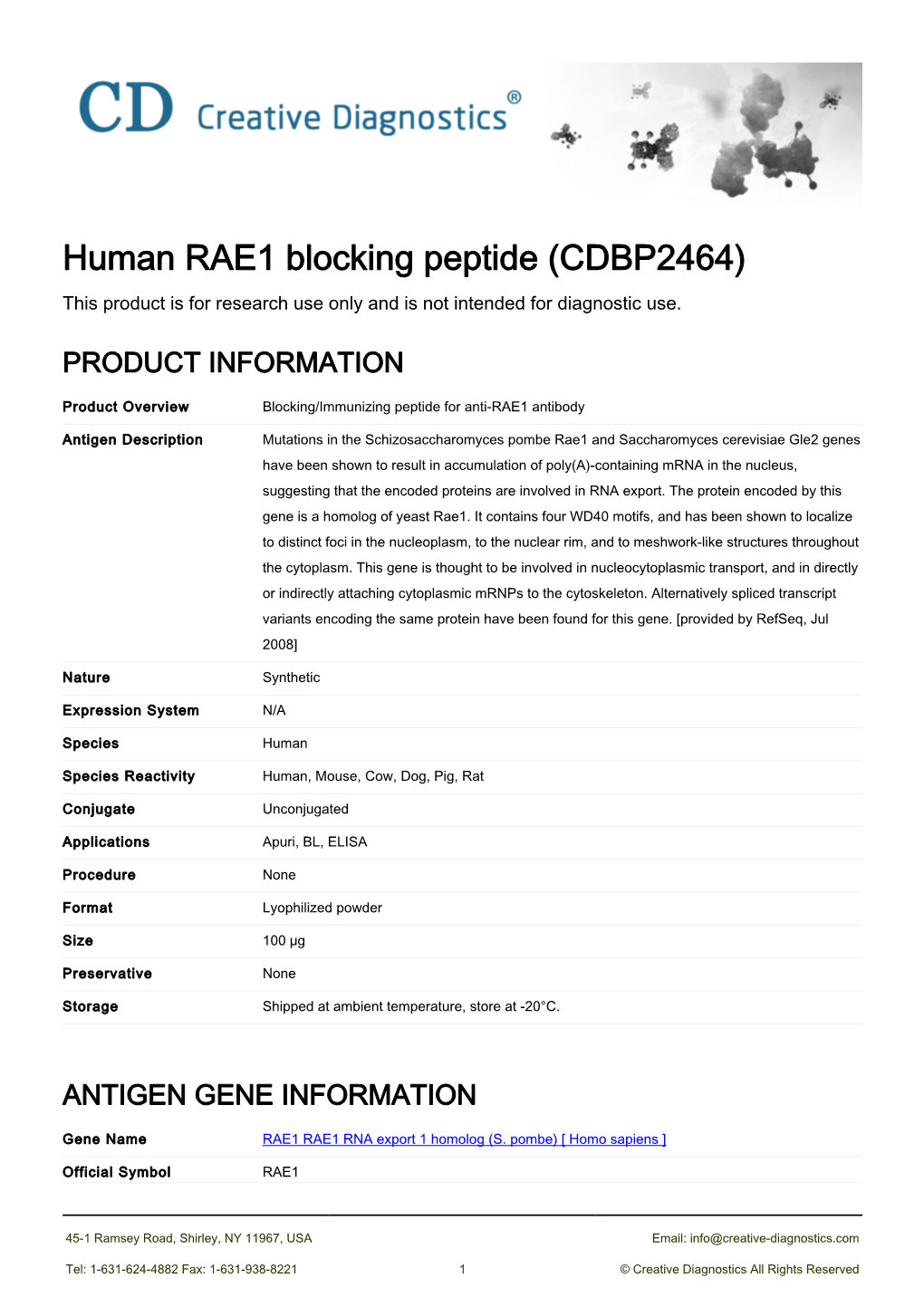 Human RAE1 Blocking Peptide (CDBP2464) This Product Is for Research Use Only and Is Not Intended for Diagnostic Use