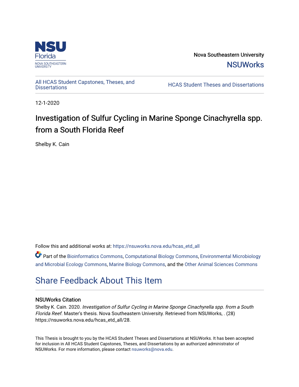 Investigation of Sulfur Cycling in Marine Sponge Cinachyrella Spp