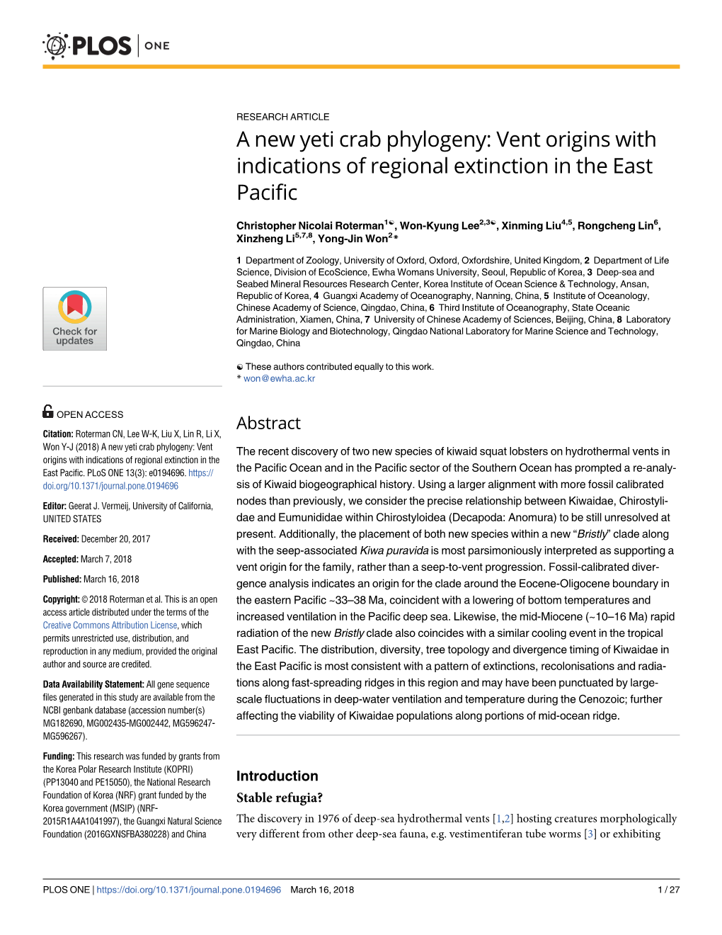 Vent Origins with Indications of Regional Extinction in the East Pacific