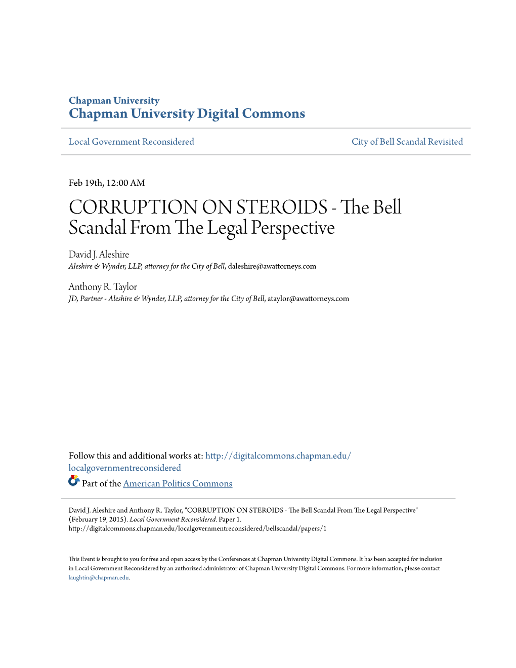 CORRUPTION on STEROIDS - the Bell Scandal from the Legal Perspective David J