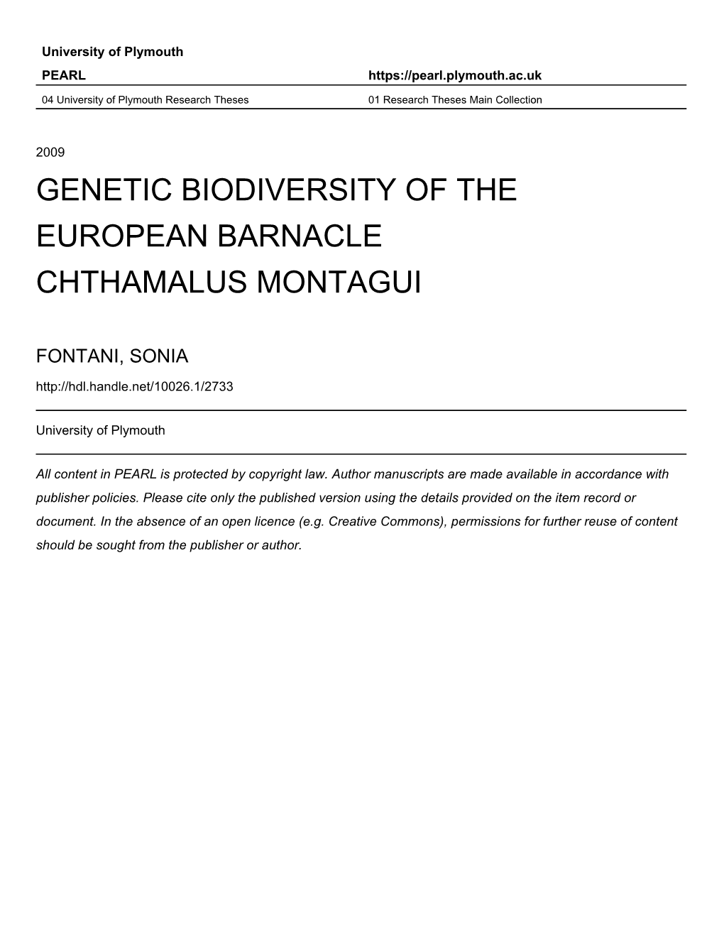 Genetic Biodiversity of the European Barnacle Chthamalus Montagui