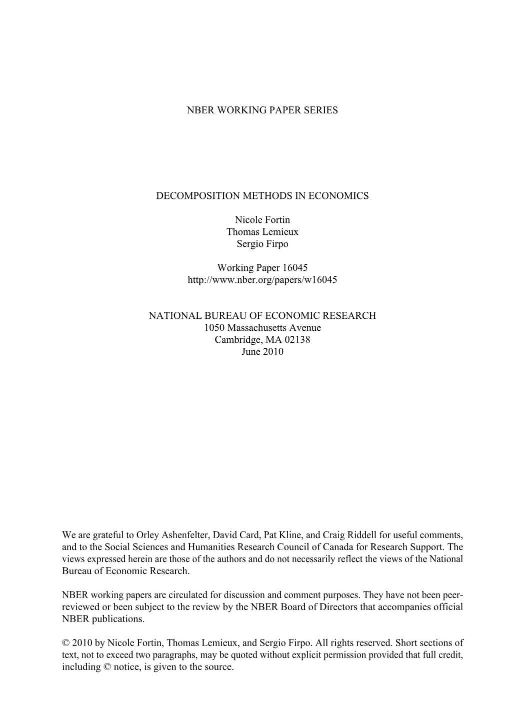 Nber Working Paper Series Decomposition Methods In