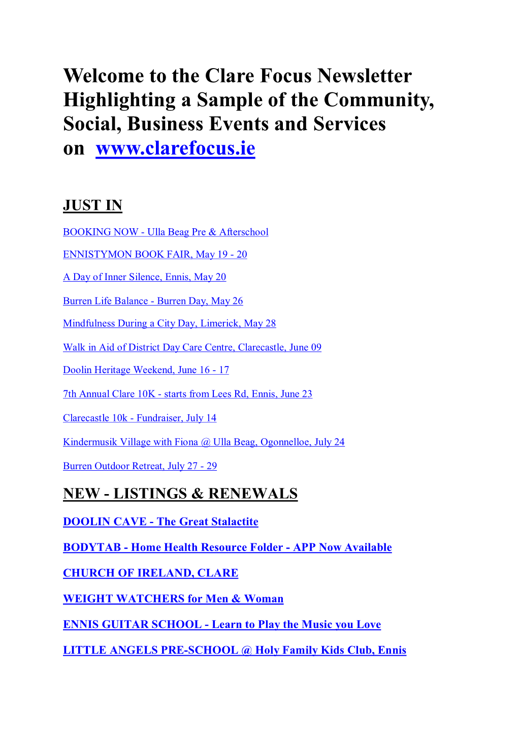 Clare Focus Newsletter Highlighting a Sample of the Community, Social, Business Events and Services On
