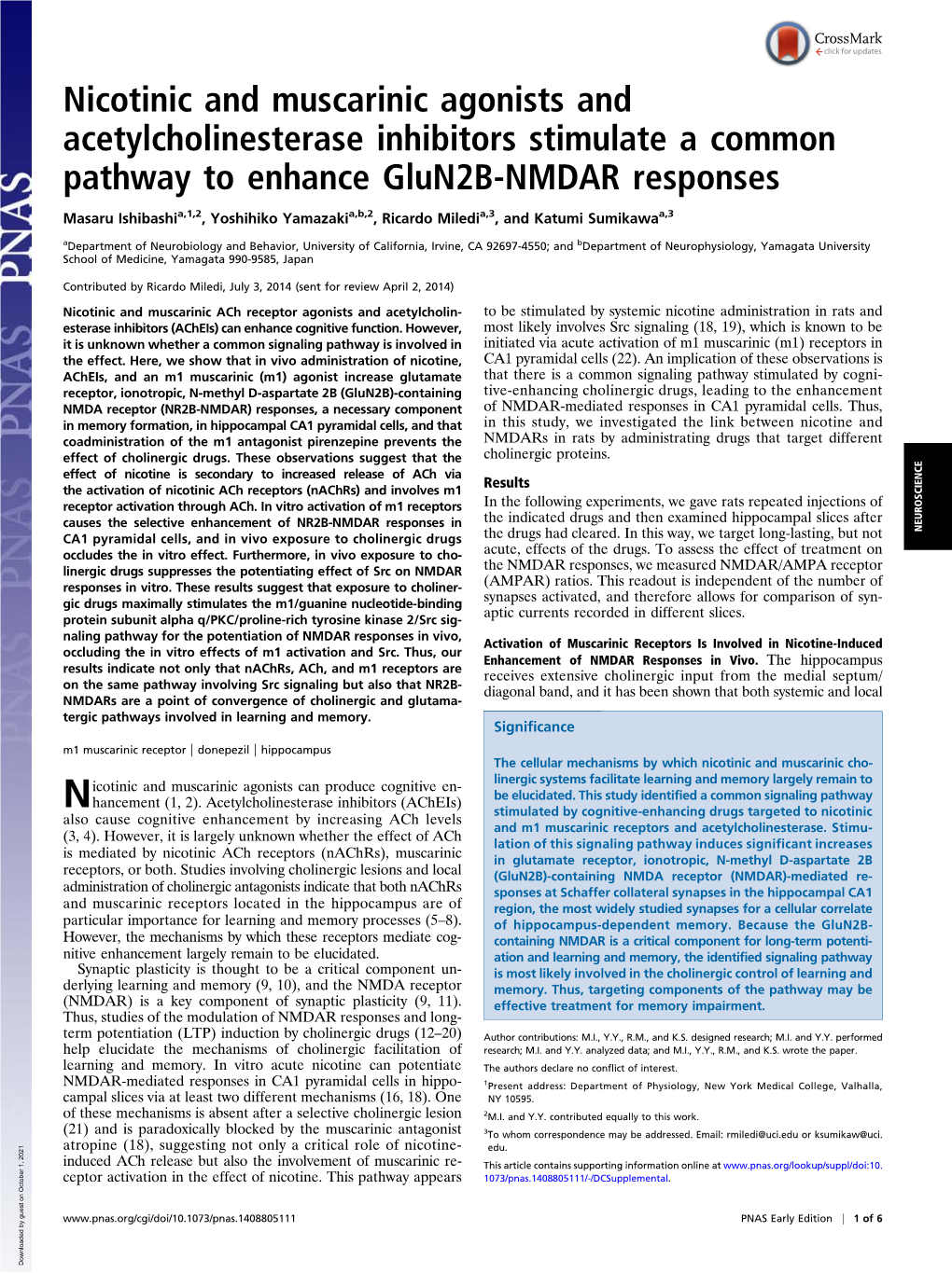 Nicotinic and Muscarinic Agonists and Acetylcholinesterase Inhibitors Stimulate a Common Pathway to Enhance Glun2b-NMDAR Responses