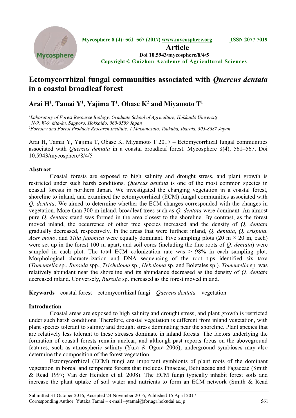 Ectomycorrhizal Fungal Communities Associated with Quercus Dentata in a Coastal Broadleaf Forest