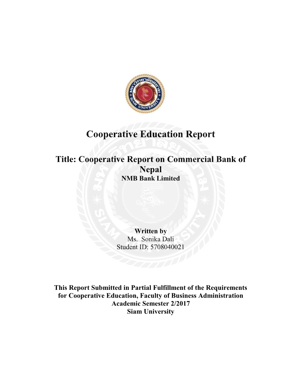 Cooperative Education Report Title: Cooperative Report on Commercial Bank of Nepal