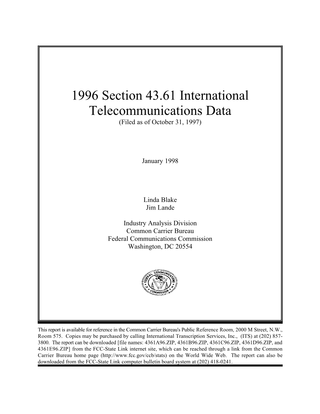 1996 Section 43.61 International Telecommunications Data (Filed As of October 31, 1997)