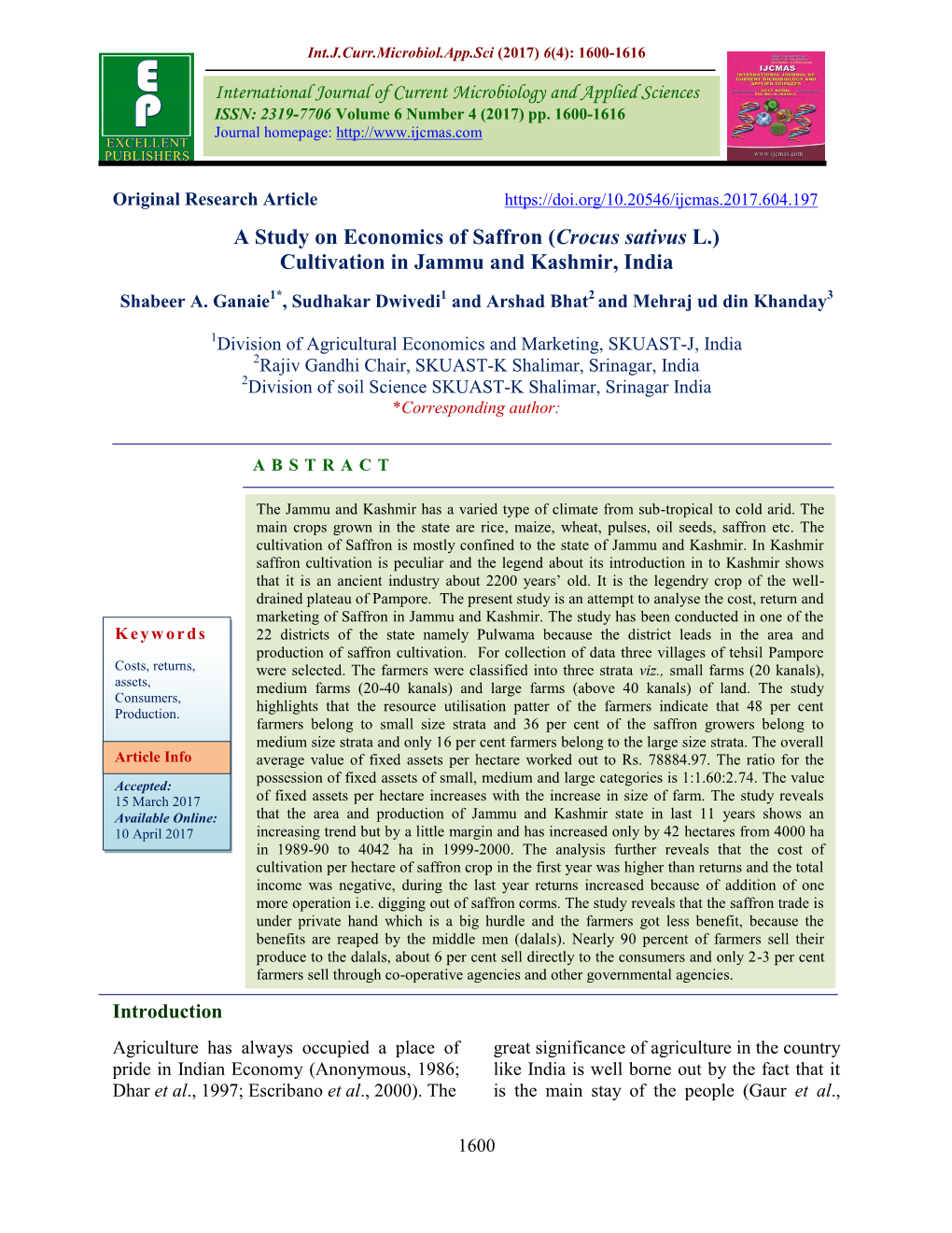 A Study on Economics of Saffron (Crocus Sativus L.) Cultivation in Jammu and Kashmir, India