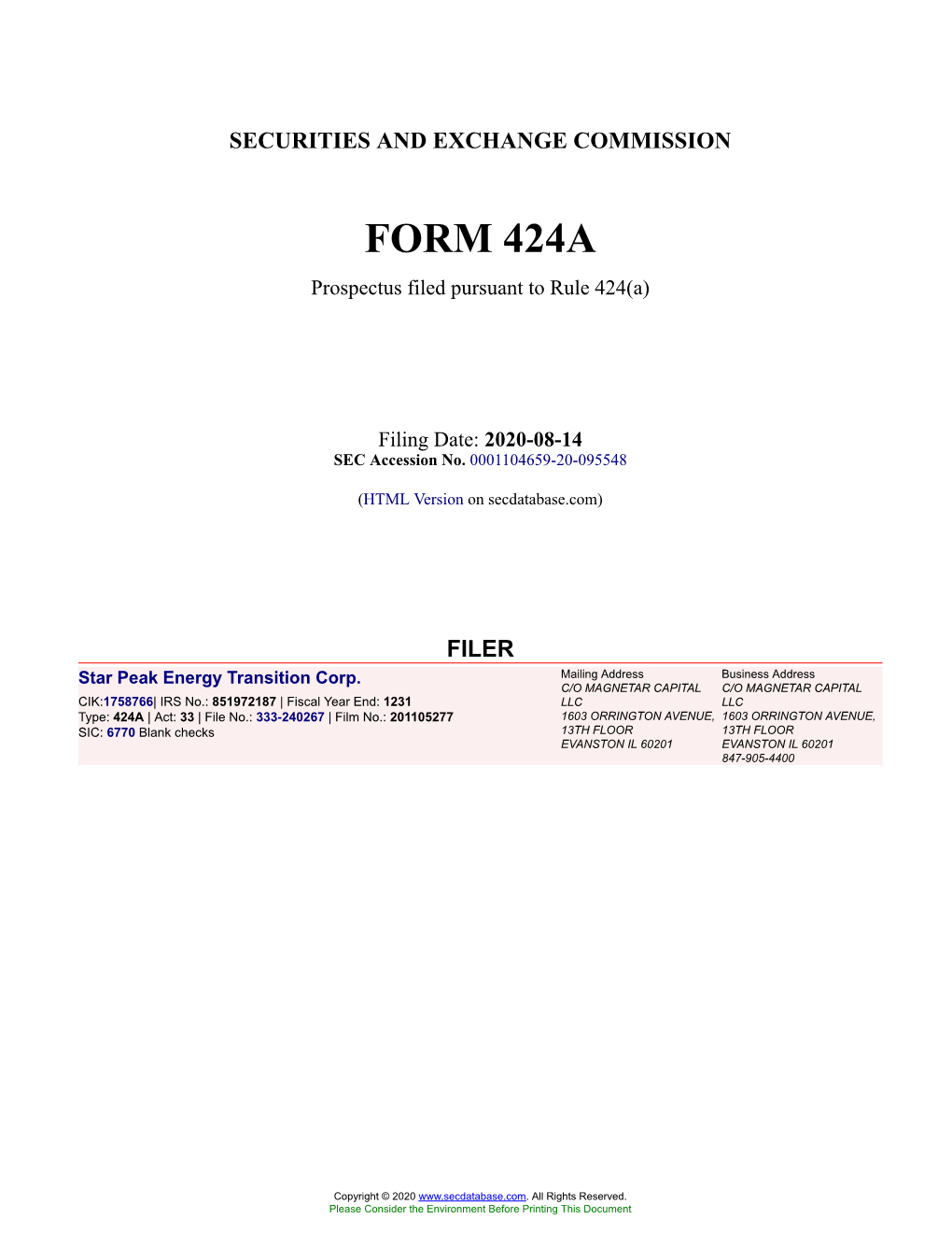 Star Peak Energy Transition Corp. Form 424A Filed 2020-08-14