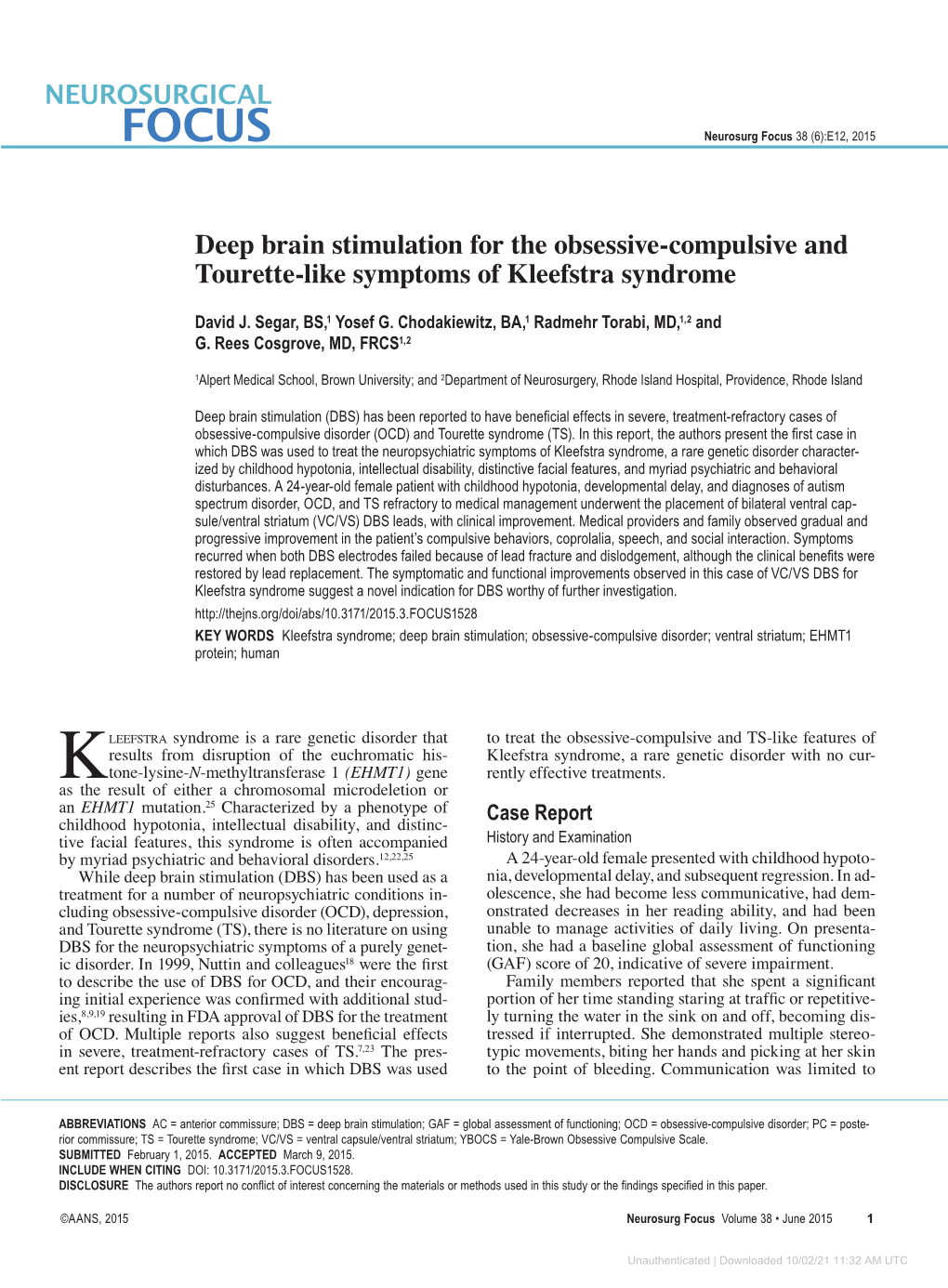 Deep Brain Stimulation for the Obsessive-Compulsive and Tourette-Like Symptoms of Kleefstra Syndrome