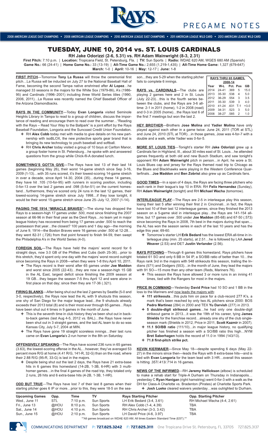 TUESDAY, JUNE 10, 2014 Vs. ST. LOUIS CARDINALS RH Jake Odorizzi (2-6, 5.31) Vs