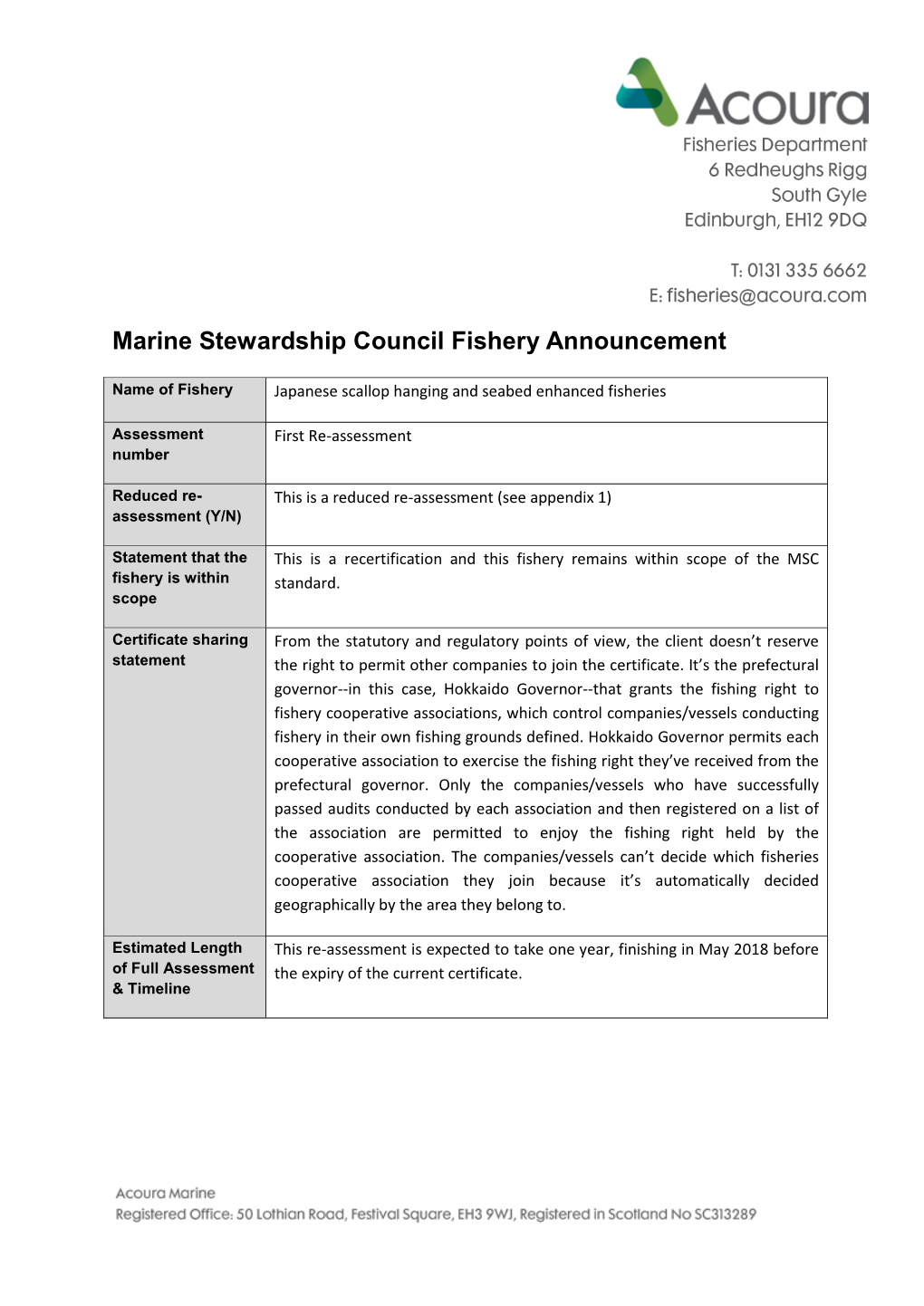 Marine Stewardship Council Fishery Announcement