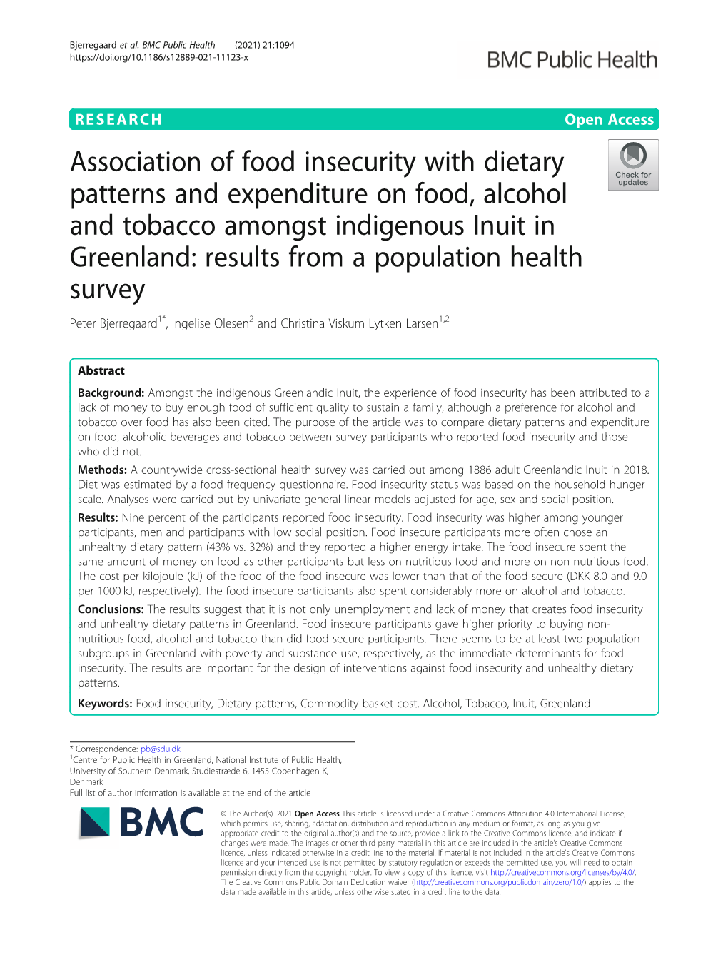 Association of Food Insecurity with Dietary Patterns and Expenditure on Food, Alcohol and Tobacco Amongst Indigenous Inuit in Gr