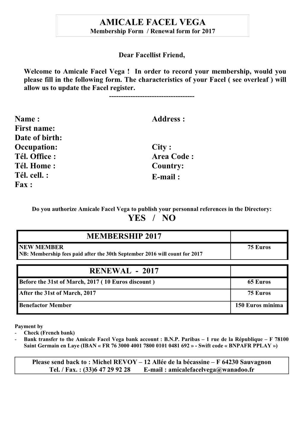 Membership Form / Renewal Form for 2017