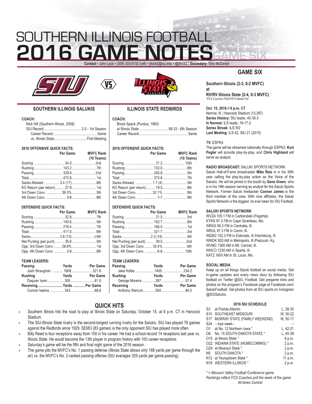 SOUTHERN ILLINOIS FOOTBALL 2016 GAME NOTESGAME SIX Contact • John Lock • (309) 333-0132 (Cell) • Jtlock2@Siu.Edu • @Jtlock2 | Secondary: Tony Mcdaniel GAME SIX