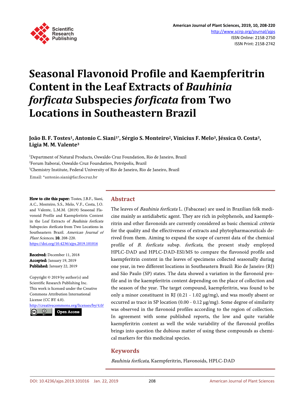 Seasonal Flavonoid Profile and Kaempferitrin Content in the Leaf Extracts of Bauhinia Forficata Subspecies Forficata from Two Locations in Southeastern Brazil