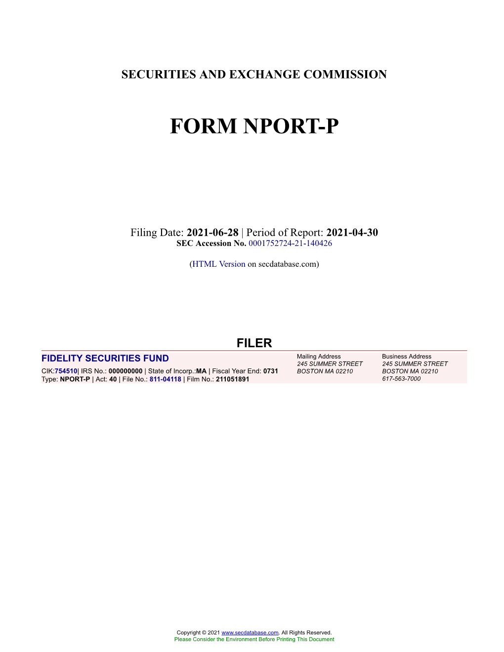 FIDELITY SECURITIES FUND Form NPORT-P Filed
