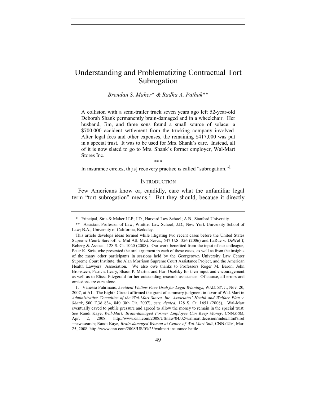 Understanding and Problematizing Contractual Tort Subrogation
