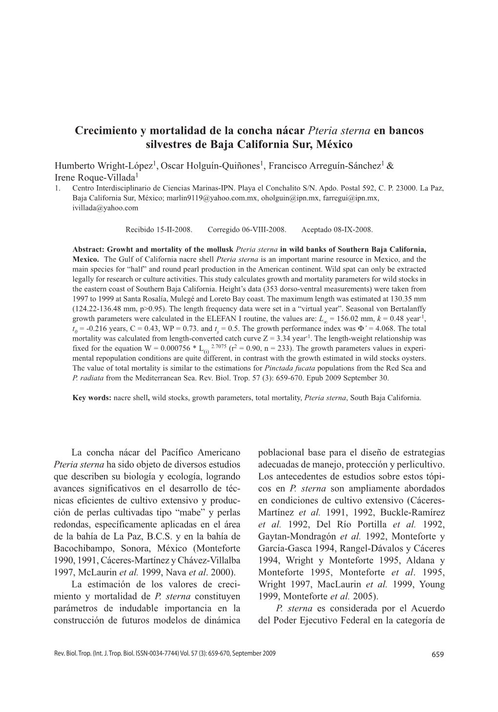 Crecimiento Y Mortalidad De La Concha Nácar Pteria Sterna En Bancos Silvestres De Baja California Sur, México