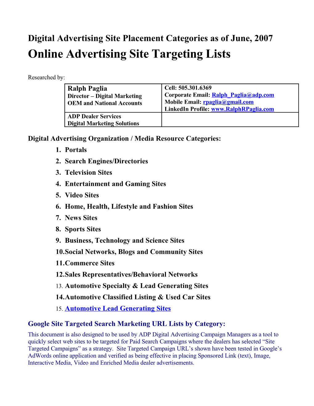 Sixth Annual Survey of Advertising Executives on Online Media Sales