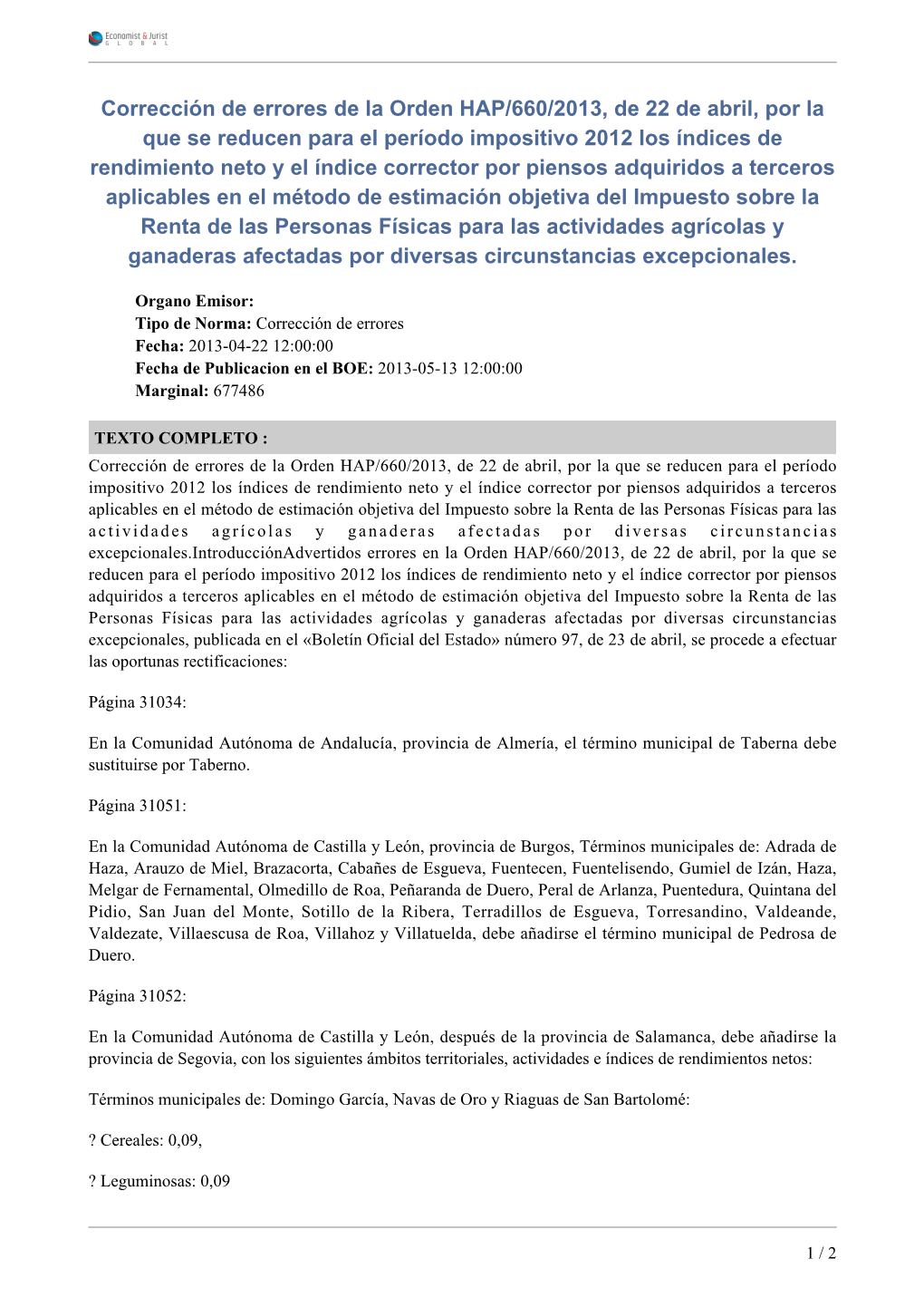 Corrección De Errores De La Orden HAP/660/2013, De 22 De Abril, Por