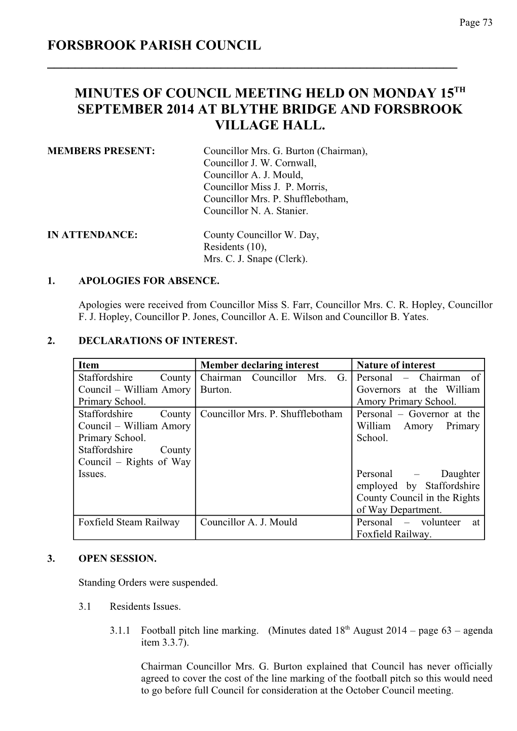 Minutes of Council Meeting Held on Monday 15Th September 2014 at Blythe Bridge and Forsbrook Village Hall