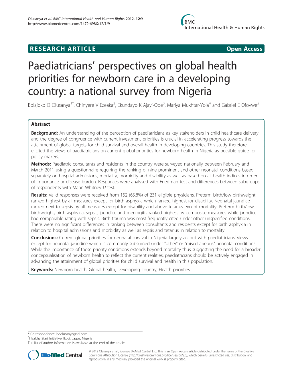 Paediatricians' Perspectives on Global Health Priorities for Newborn Care In