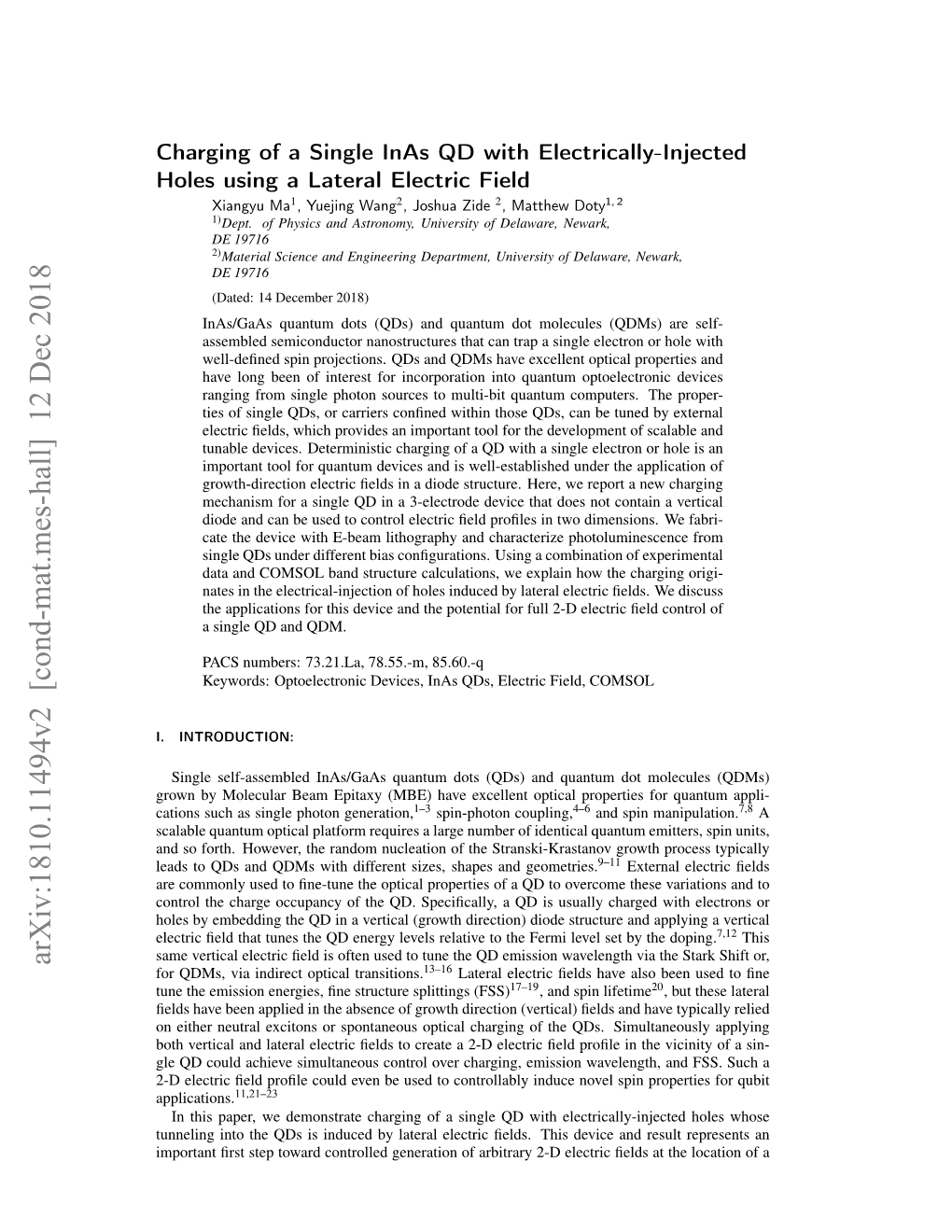 Charging of a Single Inas QD with Electrically-Injected Holes Using a Lateral Electric Field Xiangyu Ma1, Yuejing Wang2, Joshua Zide 2, Matthew Doty1, 2 1)Dept