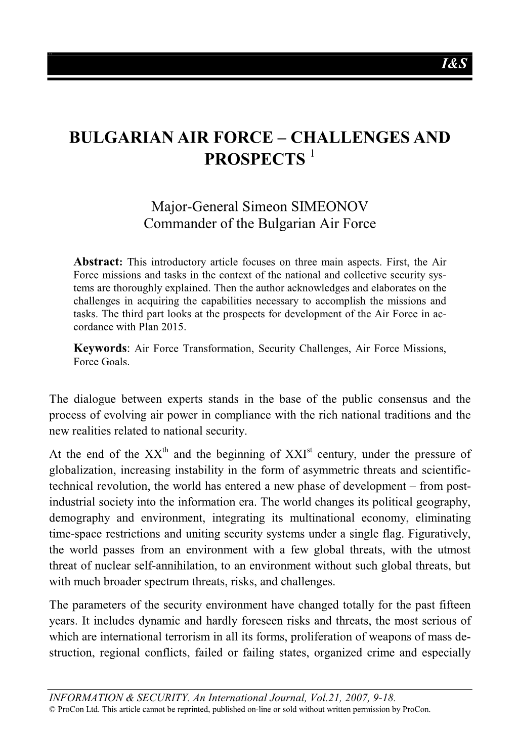 Bulgarian Air Force – Challenges and Prospects 1
