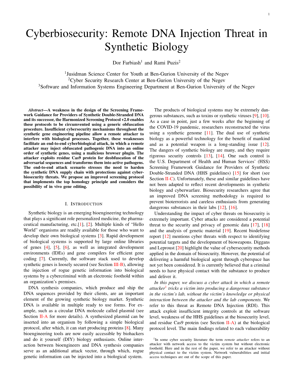 Cyberbiosecurity: Remote DNA Injection Threat in Synthetic Biology