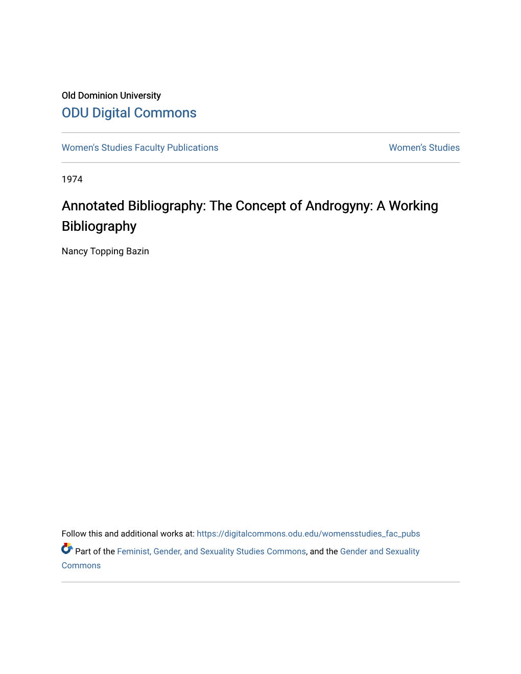 Annotated Bibliography: the Concept of Androgyny: a Working Bibliography