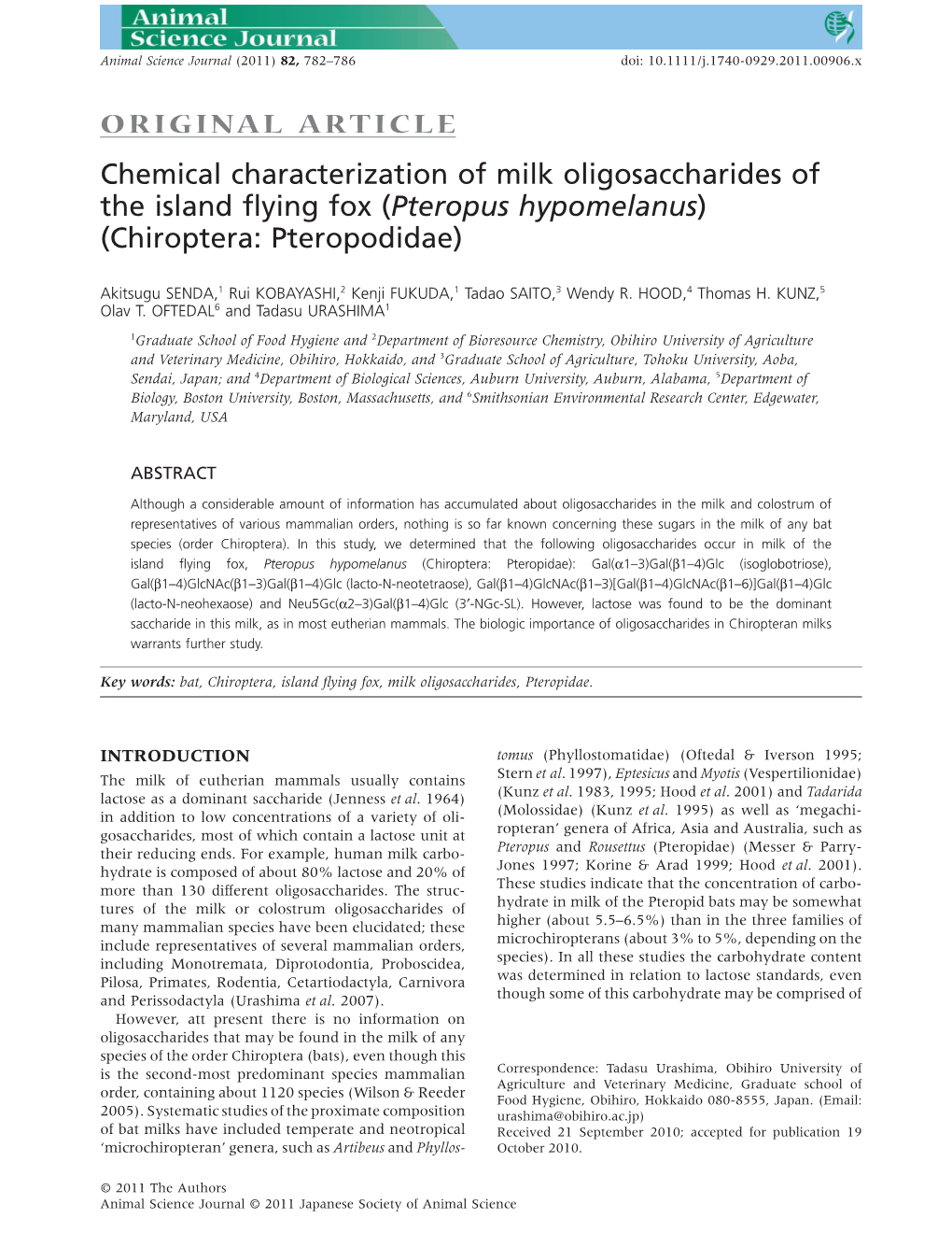 Chemical Characterization of Milk Oligosaccharides of the Island Flying Fox (Pteropus Hypomelanus) (Chiroptera: Pteropodidae)