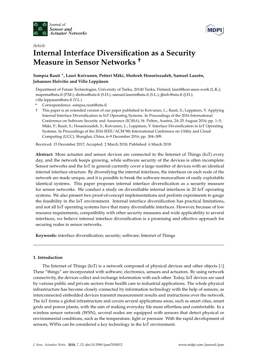 Internal Interface Diversification As a Security Measure in Sensor Networks
