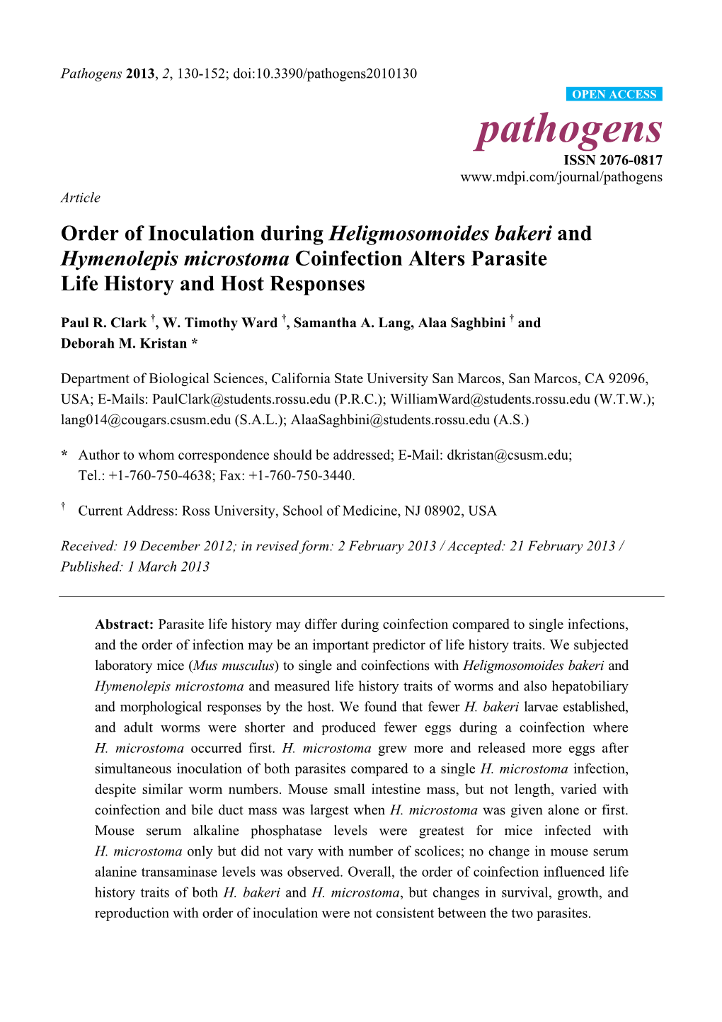 Order of Inoculation During Heligmosomoides Bakeri and Hymenolepis Microstoma Coinfection Alters Parasite Life History and Host Responses