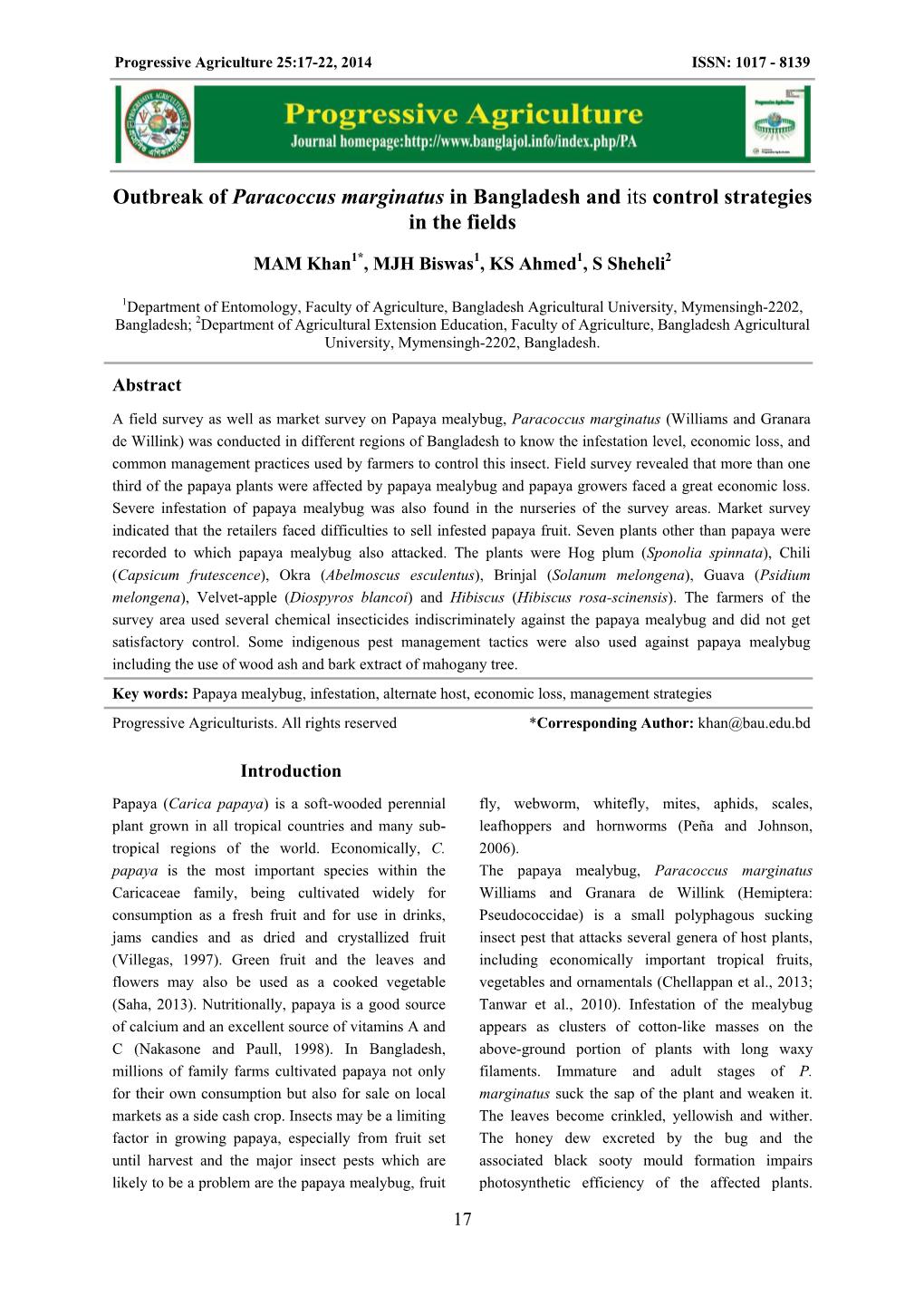 Outbreak of Paracoccus Marginatus in Bangladesh and Its Control Strategies in the Fields