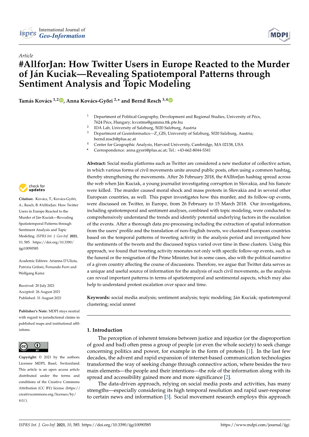 How Twitter Users in Europe Reacted to the Murder of Ján Kuciak—Revealing Spatiotemporal Patterns Through Sentiment Analysis and Topic Modeling