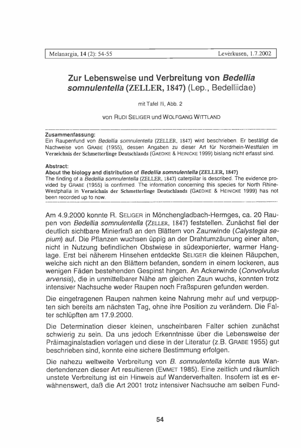 Zur Lebensweise Und Verbreitung Von Bedellia Somnulentella (ZELLER, 1847) (Lep., Bedelliidae)