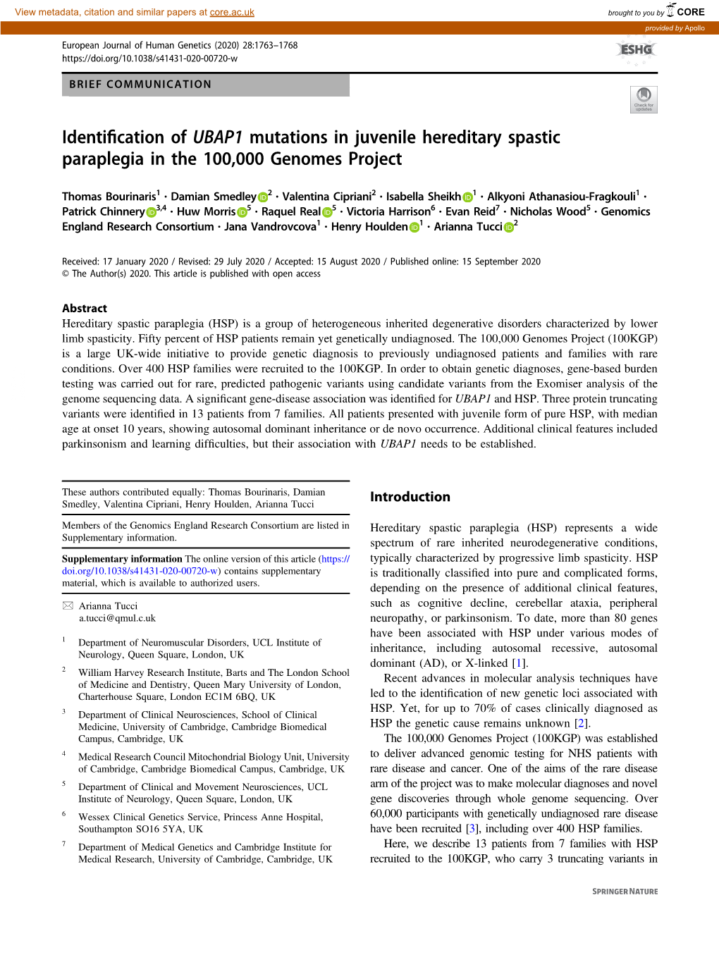 Identification of UBAP1 Mutations in Juvenile Hereditary Spastic