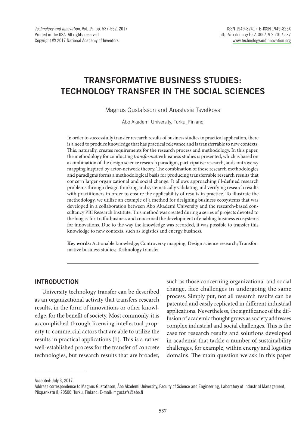 Transformative Business Studies: Technology Transfer in the Social Sciences