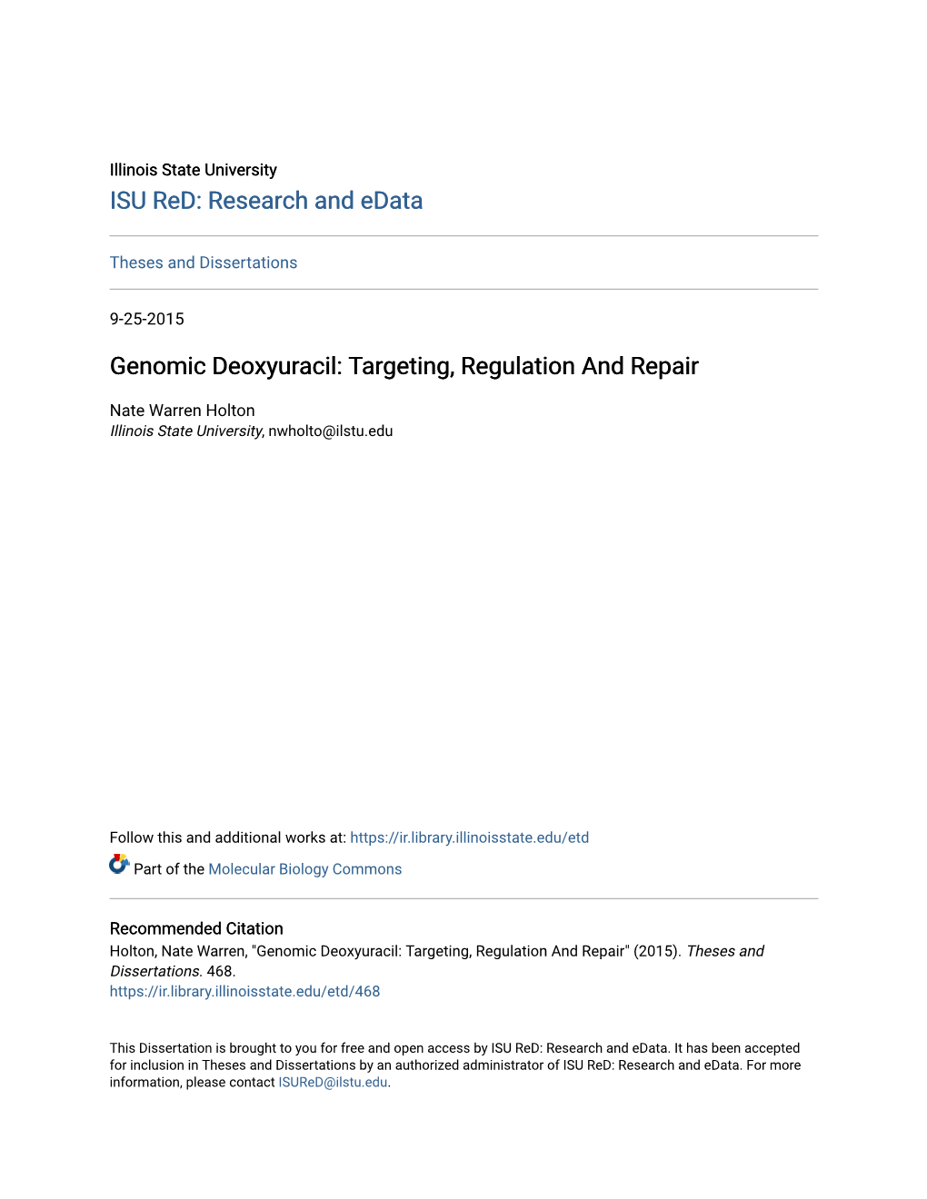 Genomic Deoxyuracil: Targeting, Regulation and Repair
