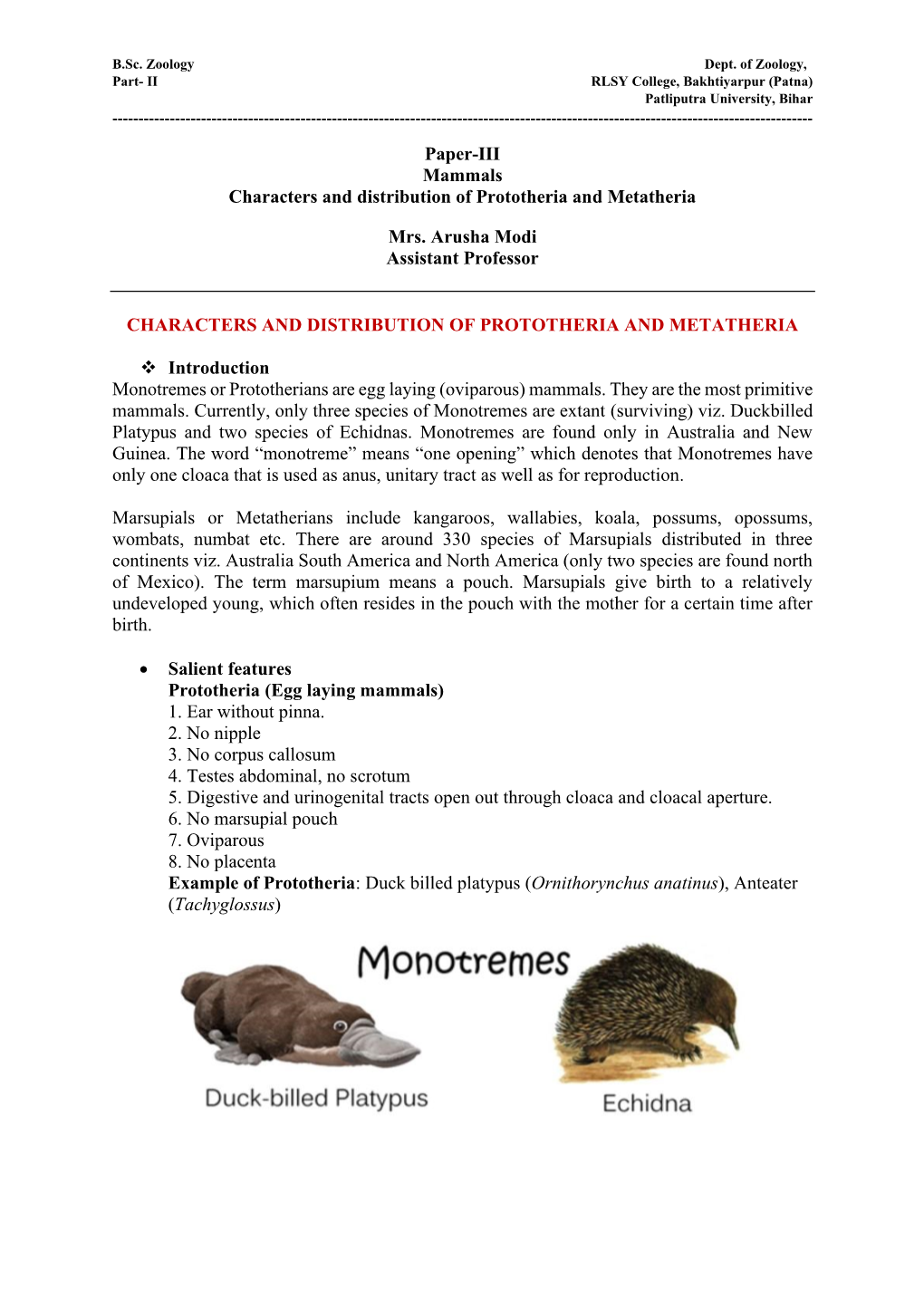 Paper-III Mammals Characters and Distribution of Prototheria and Metatheria