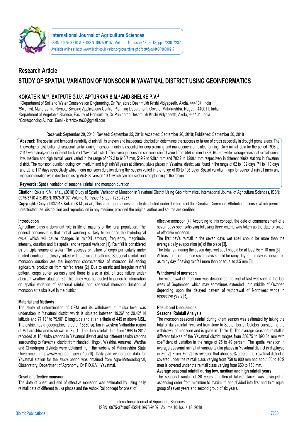 Research Article STUDY of SPATIAL VARIATION of MONSOON in YAVATMAL DISTRICT USING GEOINFORMATICS